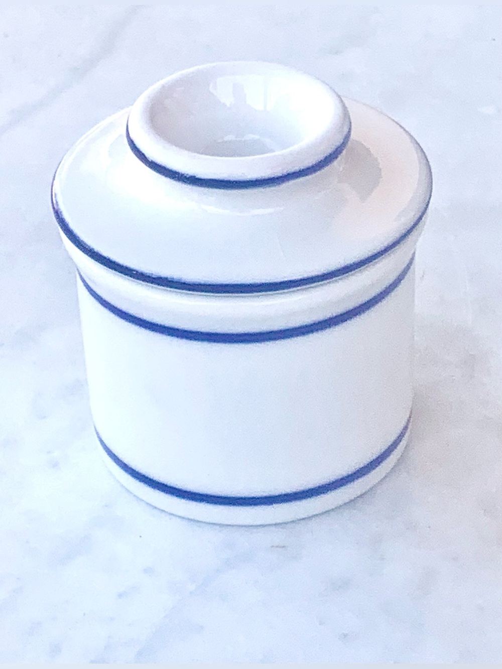 BUTTER BELL FRENCH MINI White Ceramic Canister CROCK Blue Trim NEW 2 1/4TH IN